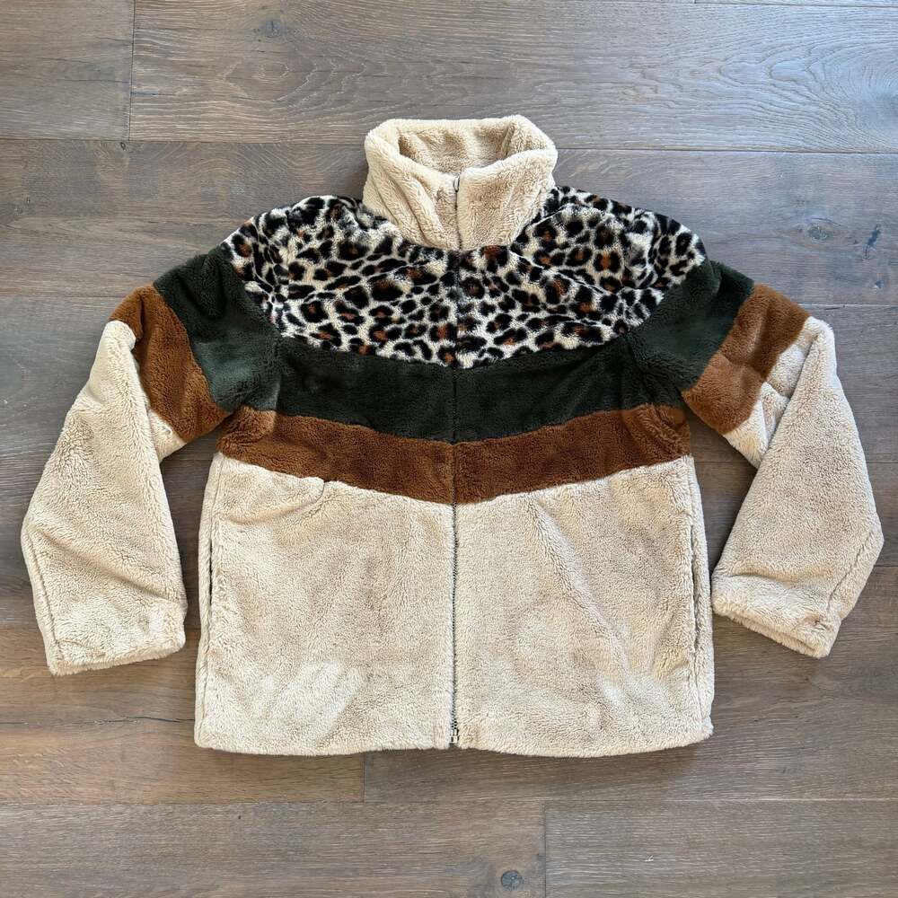 Altar'd State Leopard Print Striped Faux Fur Women's Coat Full Zip Brown Size L